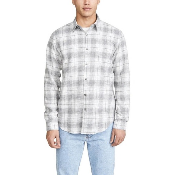 Theory Irving Grid Cotton Flannel Regular Fit Shirt Pyrite Gray Plaid Mens Large - Picture 1 of 12